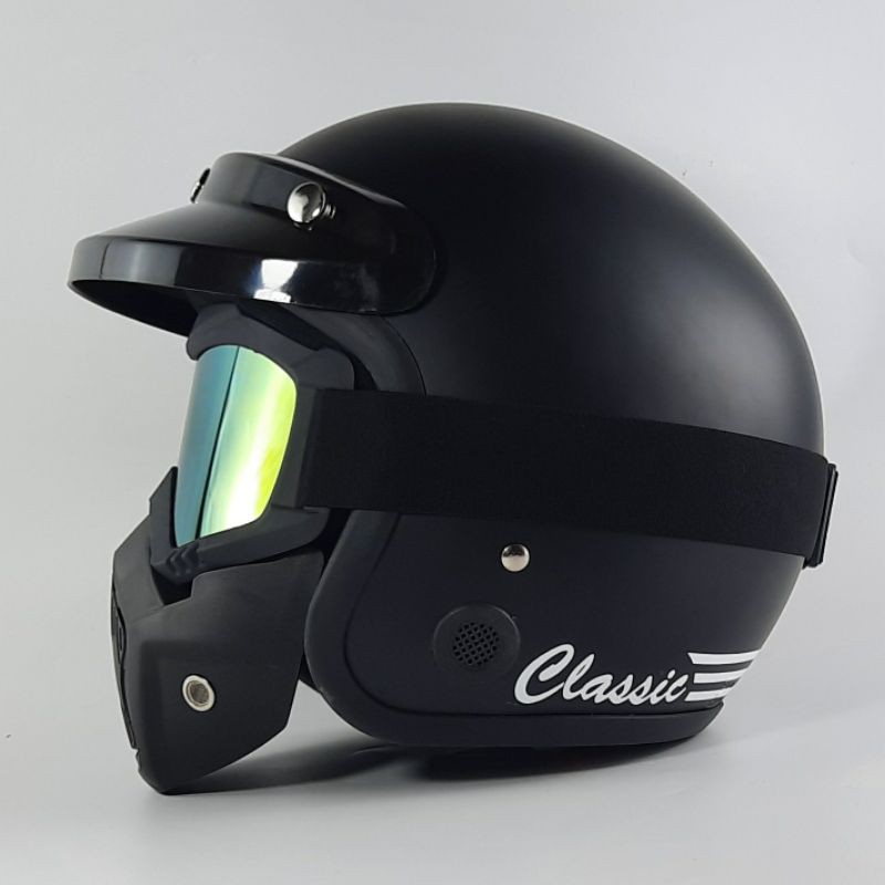 HELM BOGO DEWASA CEWEK COWOK POLOS CLASSIC STRIP HELM RETRO FULL LEHER SNI - HD HITAM DOFF