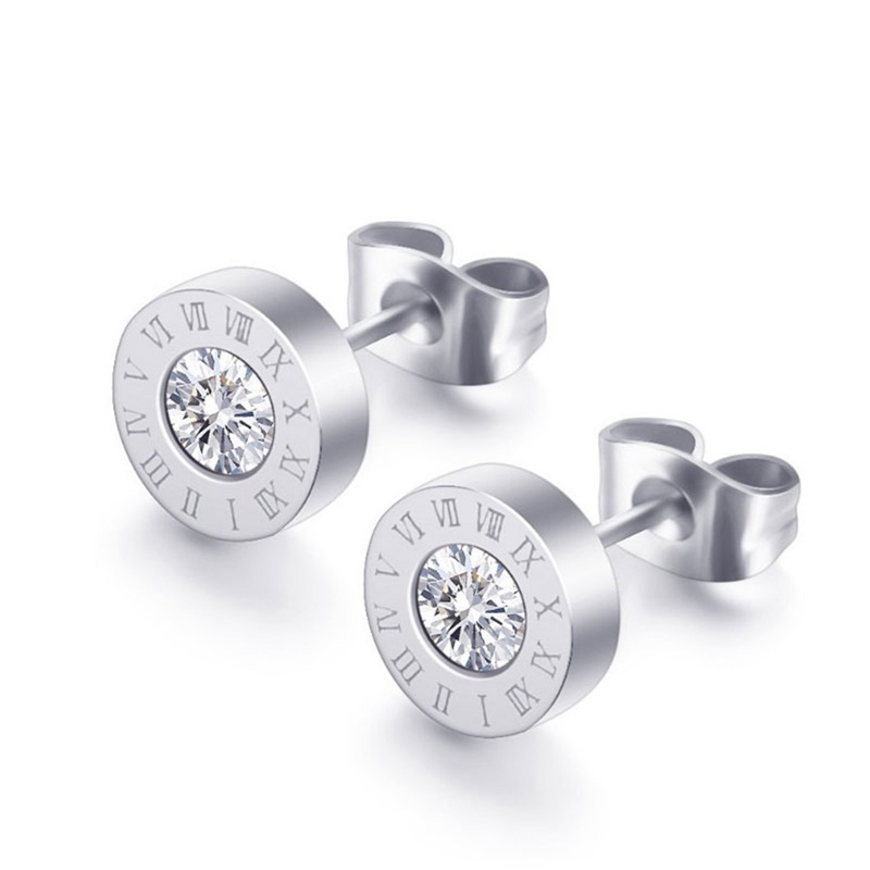 Anting Stud Desain Angka Romawi Bahan Stainless Steel Aksen Kristal Untuk Pria Dan Wanita