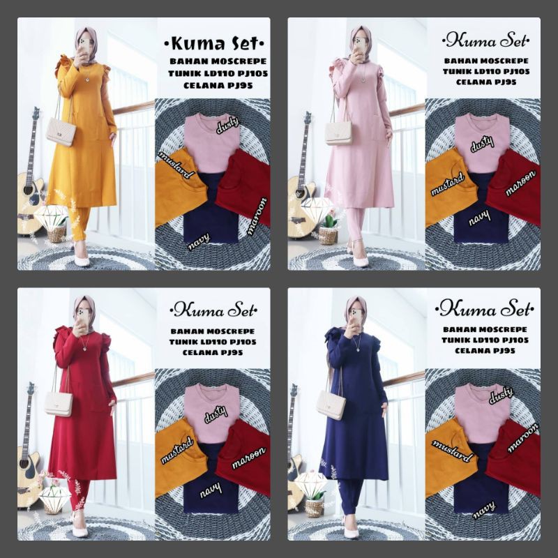 SET KUMA FASHION PAKAIAN WANITA SETELAN CELANA DAN ATASAN TUNIK JUMBO BIGSIZE MOSCREPE MS