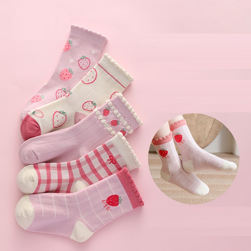 NEW ( 1 set isi 5 psg ) Set kaos kaki bayi dan anak motif strawberry