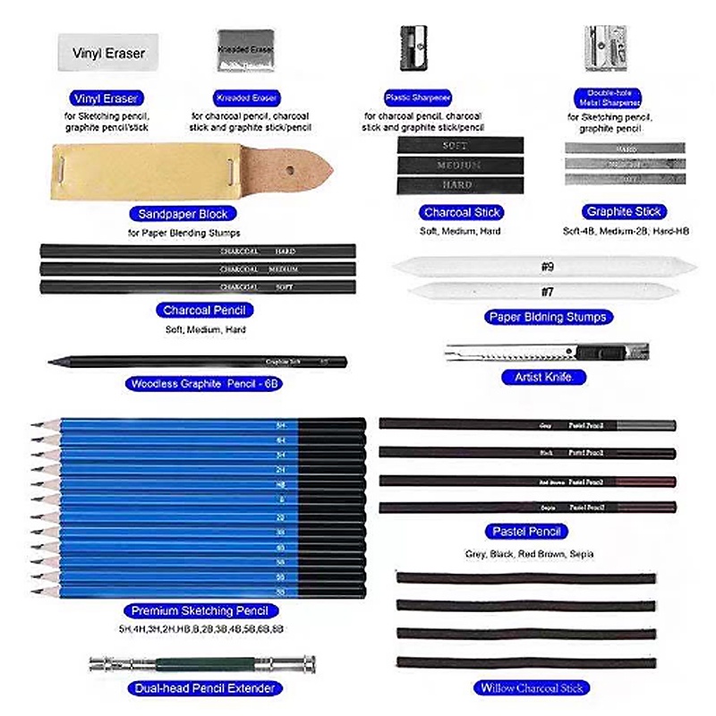 33PCS/Set Sketch Pensil Pisau Penghapus dan Pensil Gambar untuk Keperluan Sekolah Pencil   Drawing Set