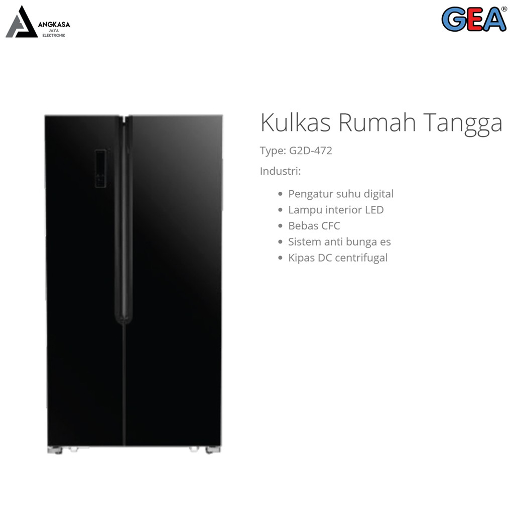 KULKAS GEA SIDE BY SIDE 472BLACK(GLASS) (MURAH, BERGARANSI,MEDAN ONLY)