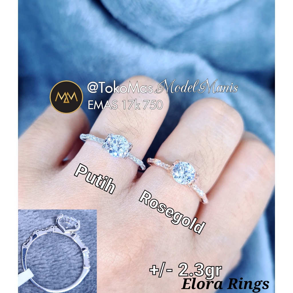 Cincin Emas Diamond looks Batu Swarovski Elora Rings emas putih rosegold 750 kadar 17k