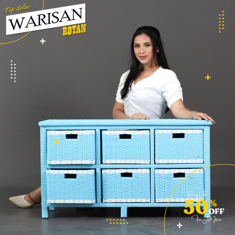 Rak TV Laci Serbaguna Rotan Sintetis Isi 6 Laci Susun Samping Ukuran Minimalis / Lemari Rotan Sintet