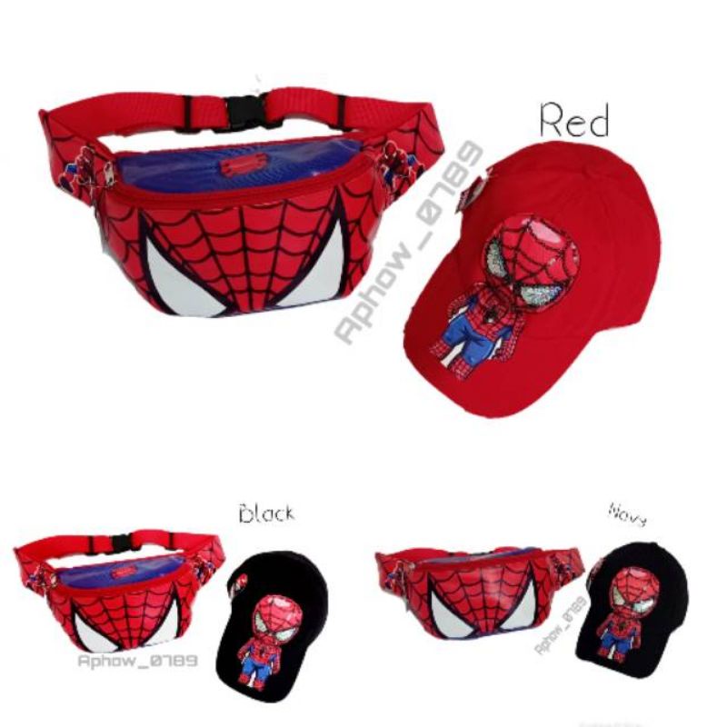 Paket 2IN1 Waistbag anak Spiderman dan topi LED Spiderman