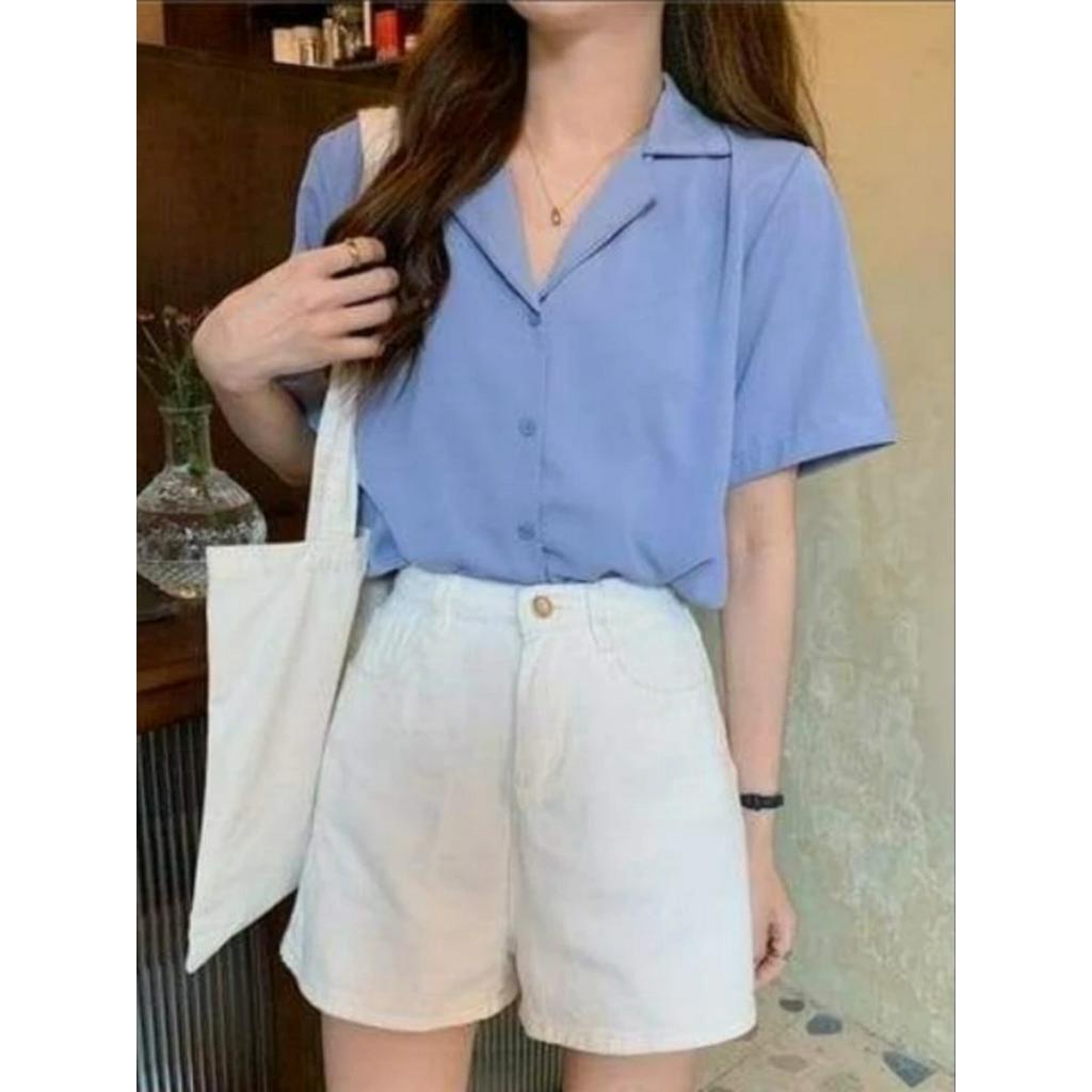 Kemeja Lengan Pendek Wanita Korean Style Ld 120 Bahan Crinkle By As3