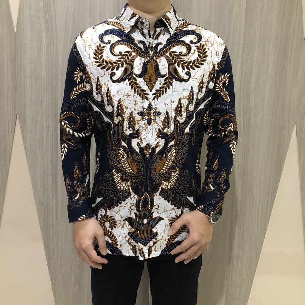 [GRIDLINE - LS075 Elegant Brown &amp; LS054 Navy] Kemeja Batik Slimfit Pria Katun Lengan Panjang Modern