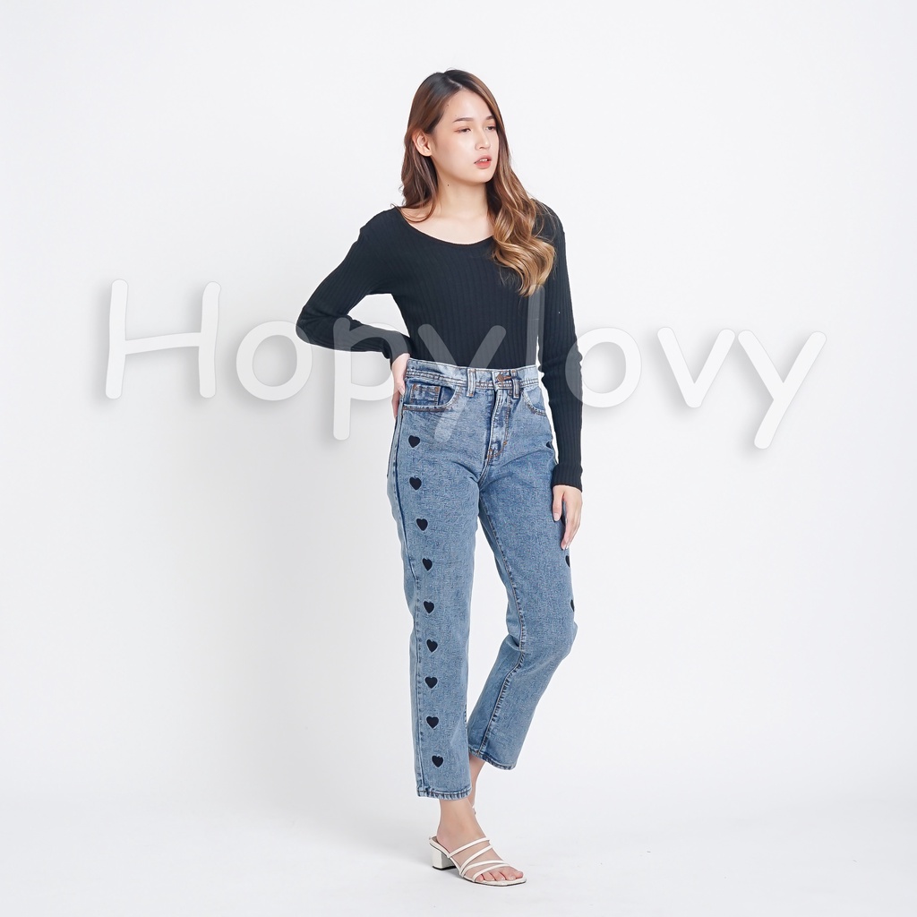 HOPYLOVY Celana Boyfriend Jeans Wanita Loose Jeans Bordir Love Avanti