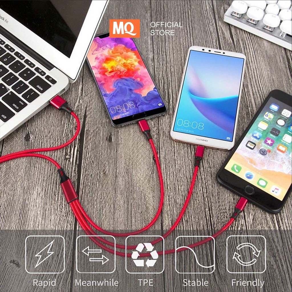 MQ Kabel Data usb cable 3in1 Fast Charger Micro USB + Type C + Lightning Original MQ-CB04