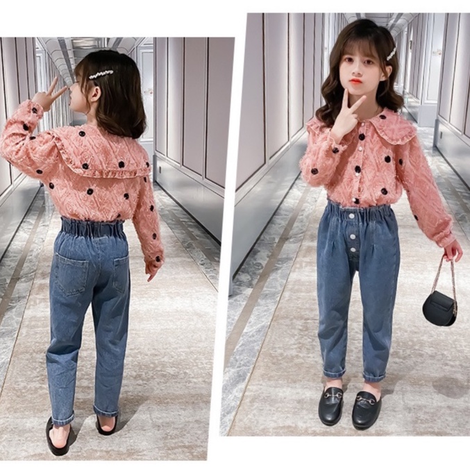 SSP36-Setelan Set Anak Remaja Besar Tanggung Perempuan Blouse+Jeans Feathery Set