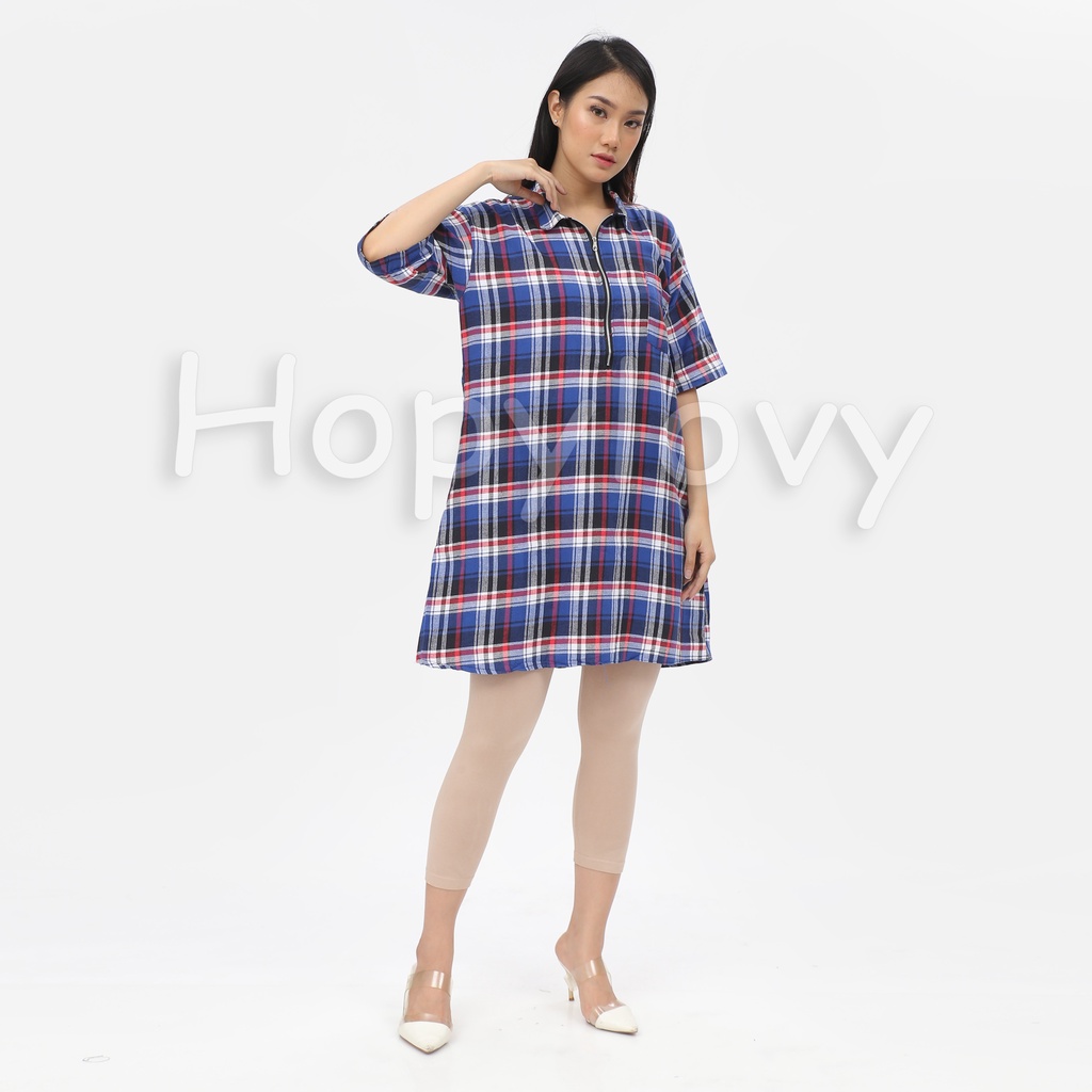 HOPYLOVY - Midi Dress Kemeja Wanita Oversize Kotak-Kotak Addiza