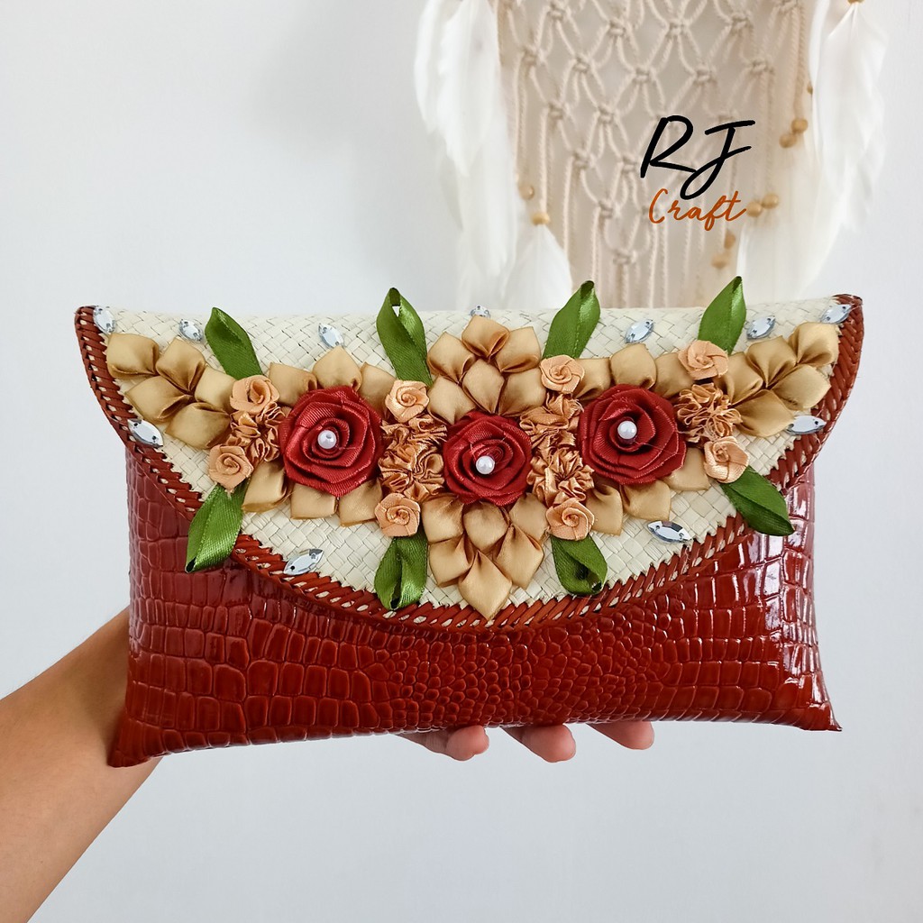 RJ CRAFT - Clutch Wanita Kulit Sintetis Crocodile Clutch Pesta Clutch Anyaman Pandan