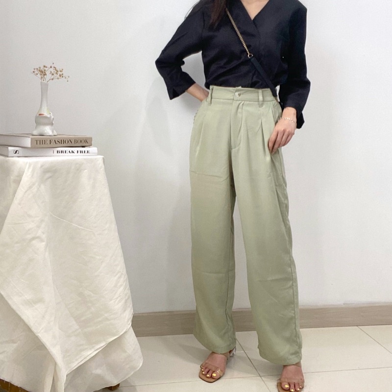 KANA Basic Long Pants / Loose Button Kulot / Celana Bahan Korea / Celana Linen Wanita / Celana Satu Kancing Kantor P3