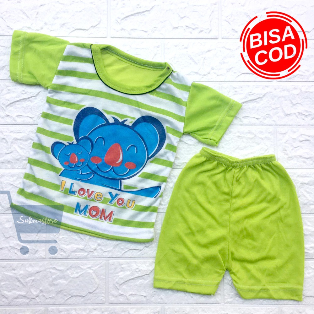 Setelan Baju Bayi Oblong Pendek I LOVE MOM 0-6 Bulan DNW BABY