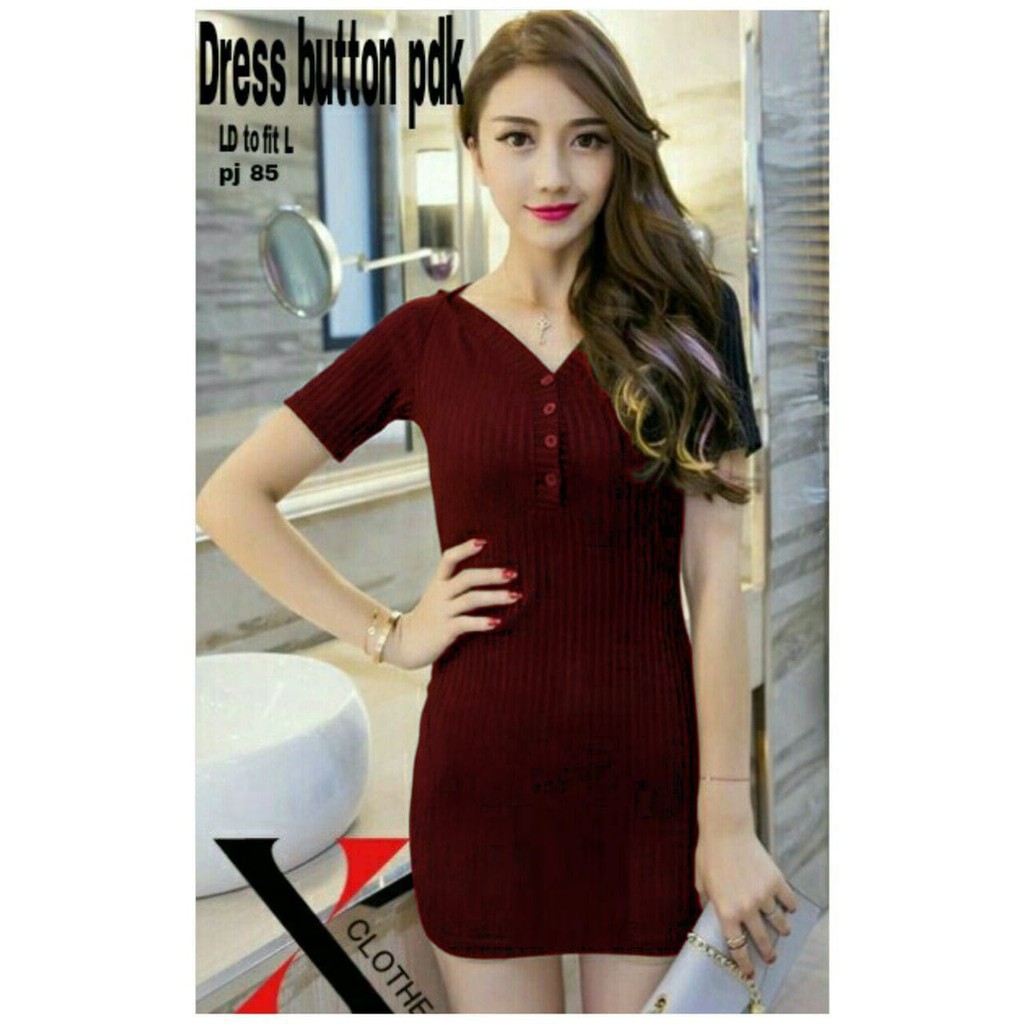 QUEEN FASHION - DRESS WANITA RAJUT / DRESS BUTTON / MAROON / KUNING