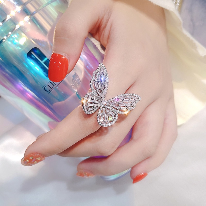 Cincin Jari Telunjuk Model Terbuka Desain Kupu-Kupu Aksen Zirkon Gaya Korea