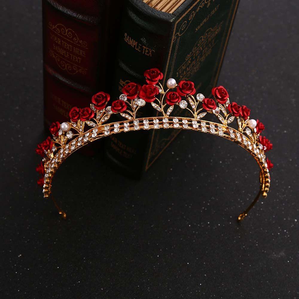 Needway Tiara Pengantin Perhiasan Pernikahan Vintage Warna Emas Bando Mawar Merah Berlian Imitasi Rambut Mahkota