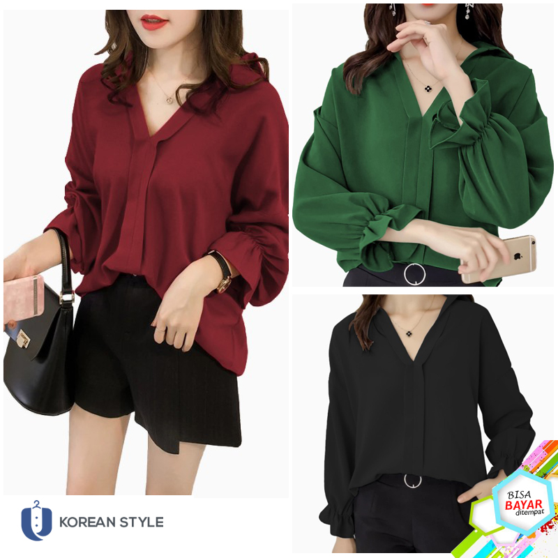 Blouse Korea Wanita Lengan Panjang Oversize Model Baju Atasan Wanita Polos All Size Jumbo
