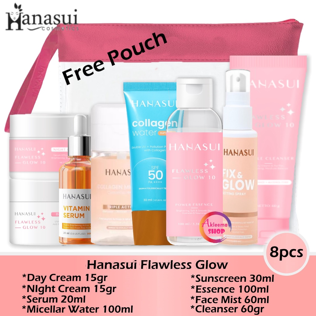 Paket Hanasui Flawless Glow 8pcs (day+night+serum kuning+micellar+sunscreen+essence+face mist+cleanser)