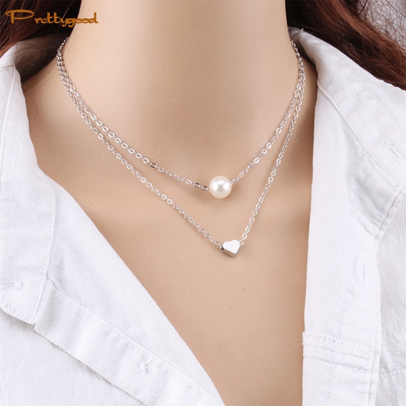 Kalung Rantai Klavikula Pendek Multilayer Aksen Mutiara Ganda Untuk Hadiah Ulang Tahun Wanita -PD