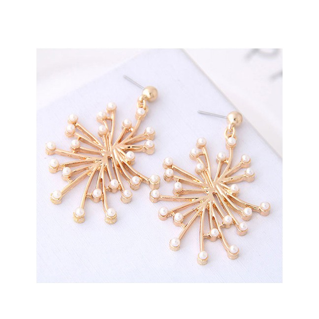 LRC Anting Tusuk Fashion Gold Color+white Metal Petal Pearl Earrings A57311