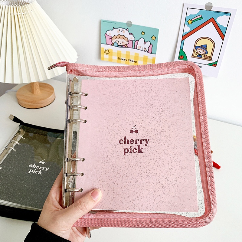 Buku Catatan Agenda Harian Model Loose leaf Motif Cherry Bahan PVC Dengan Resleting