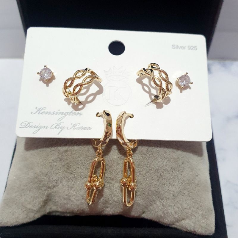 Anting Silver925 perak mata kilau platgold isi 3 set  Premium Quality Anti karat anti alergi Starling Silver 771