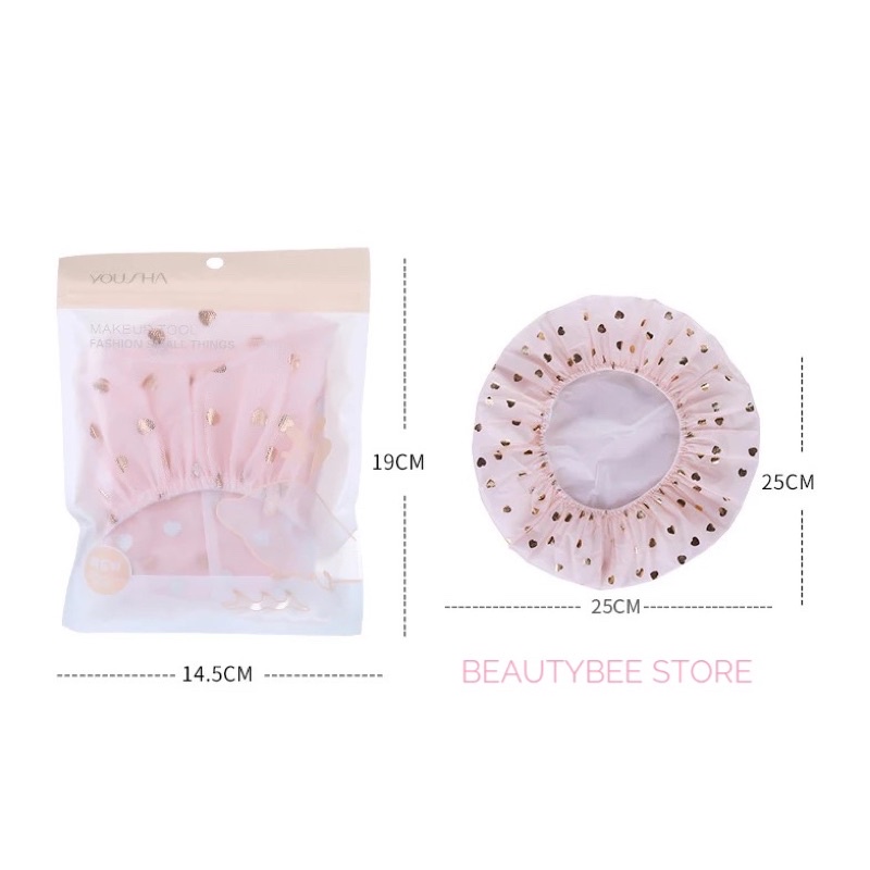 SHOWER CAP JARING PREMIUM YOUSHA MOTIF HATI WARNA PINK (YT019)