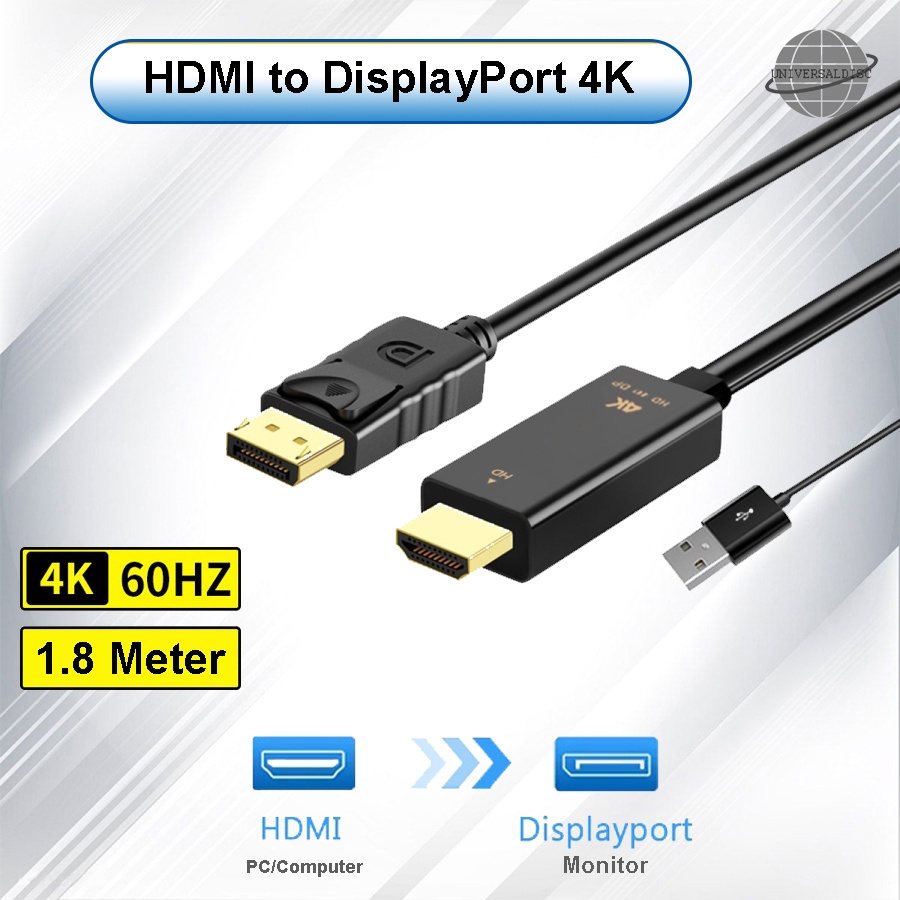 HDMI 2.0 4K Male to DP Display Port Male with USB Power 1.8M