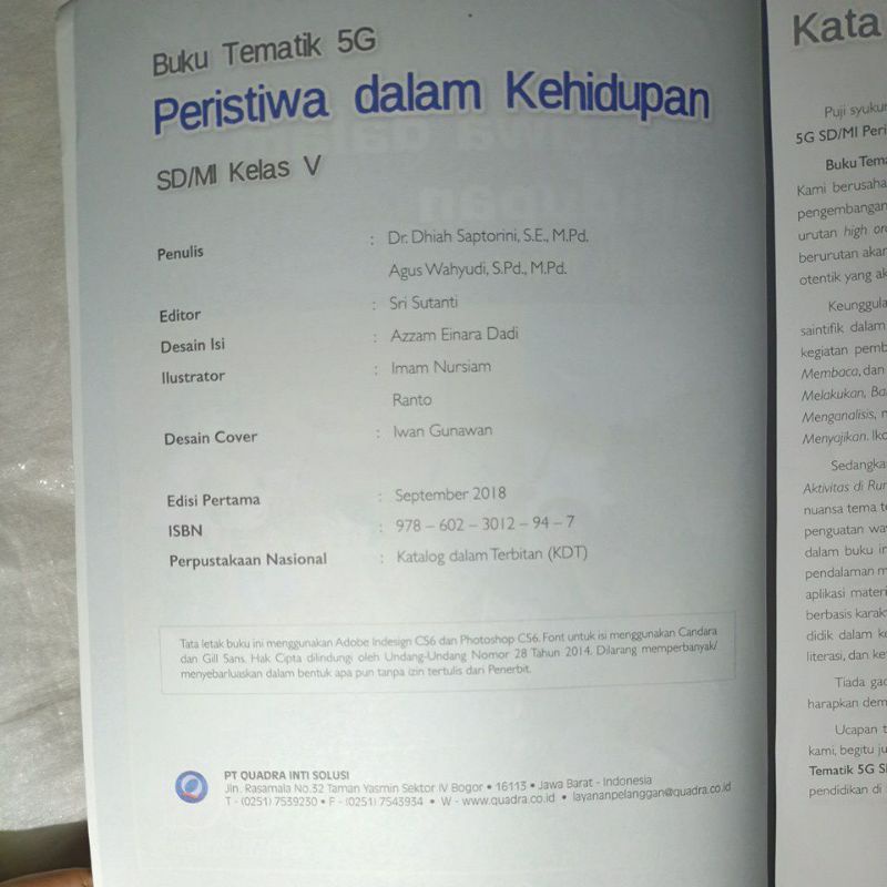 BUKU TEMATIK TERPADU QUADRA 5G &quot;PERISTIWA DALAM KEHIDUPAN&quot; KELAS 5 SD ( BEKAS )