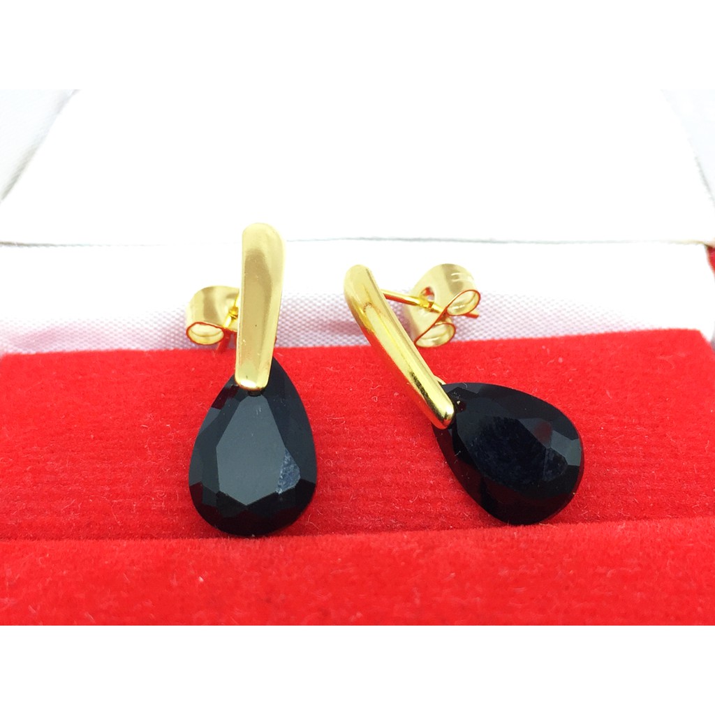 Anting Stainless Steel Lapis Emas 18k Gold Batu Hitam Teardrop BE124H