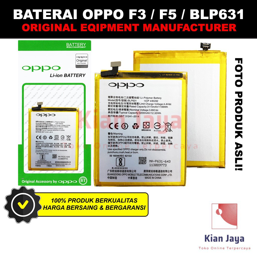 Baterai Oppoo F3 / F5 / BLP631 Original OEM Batre Batrai Battery Hp BLP 631 Ori