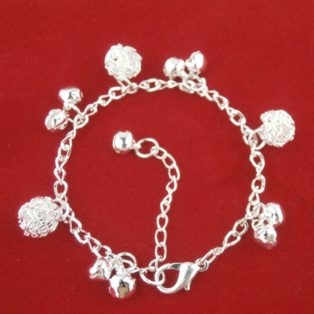 Gelang Warna Silver Desain Bola Bunga+Bel/Lonceng untuk Wanita