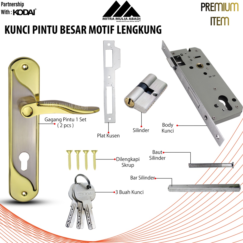 Kunci Pintu Besar Emas Ultima by KODAI | Gagang Lengkung | Full Set