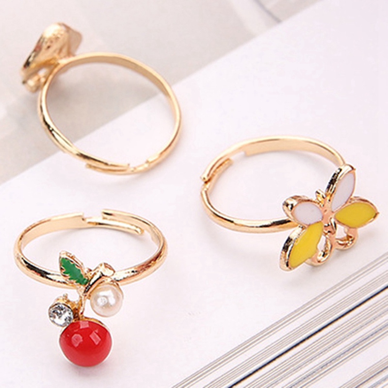 10 Pcs/Set Cartoon Children Rings Flower Animal Adjustable Alloy Kids Ring Size Random