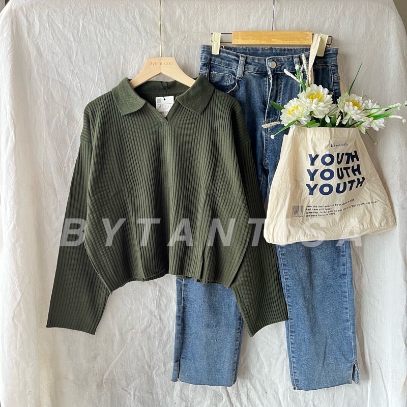 SWEATER RAJUT KERAH MOTIF SECER WANITA/COLLAR CROP