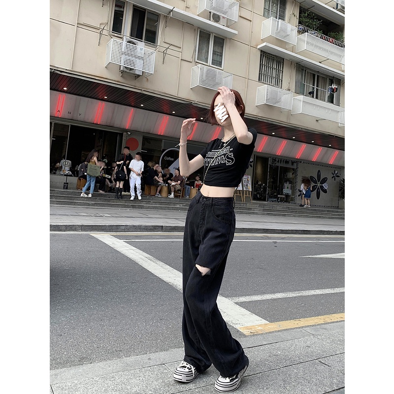 high waist salju hitam new celana jeans panjang wanitae  robek