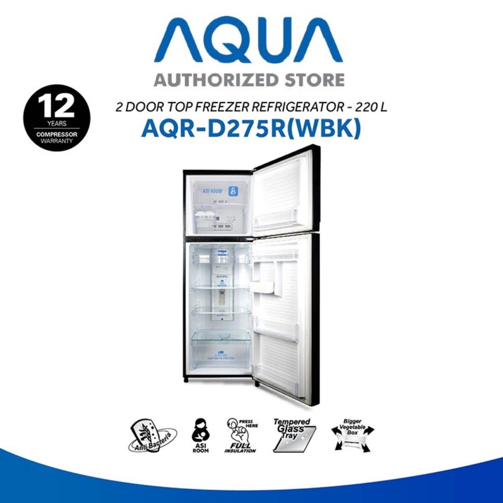 AQUA JAPAN AQR-D275R  Kulkas 2 Pintu Inverter Glass Door 223 Liter