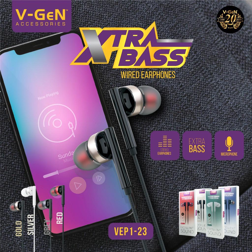 EARPHONE HEADSET V-GEN EXTRA BASS ORIGINAL VEP1-23 HIGH QUALITY HANDSFREE VGEN