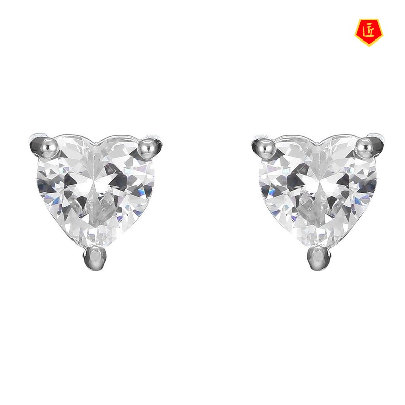 [Ready Stock]Simple Three-Claw Heart-Shaped Diamond Stud Earrings