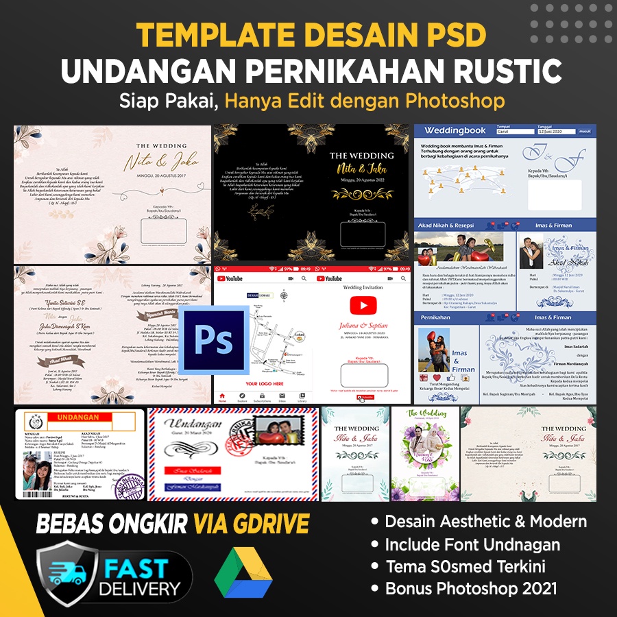 Template Desain Undangan Pernikahan Kekinian Aesthetic Rustic  (Format PSD)