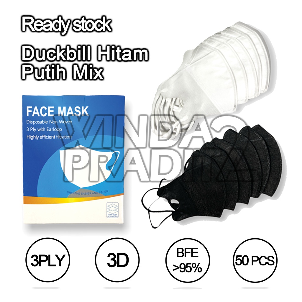 Masker Duckbill Duckbil 50 Pcs Murah 1Box Putih Hitam-2