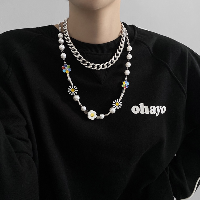 Daisy Flower Pearl Stitching Necklace Accessories Hip Hop Personality Clavicle Chain