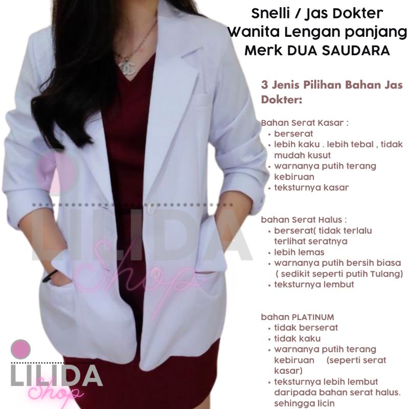 Jual Jas Dokter Snelli Wanita Lengan Panjang Merk Dua Saudara Bahan