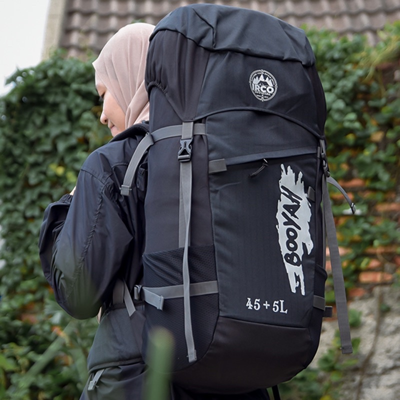 Tas Ransel Carrier Gunung Outdoor Hiking 45 Liter Pria dan Wanita Free Rain Cover - Irco Booyah Hitam
