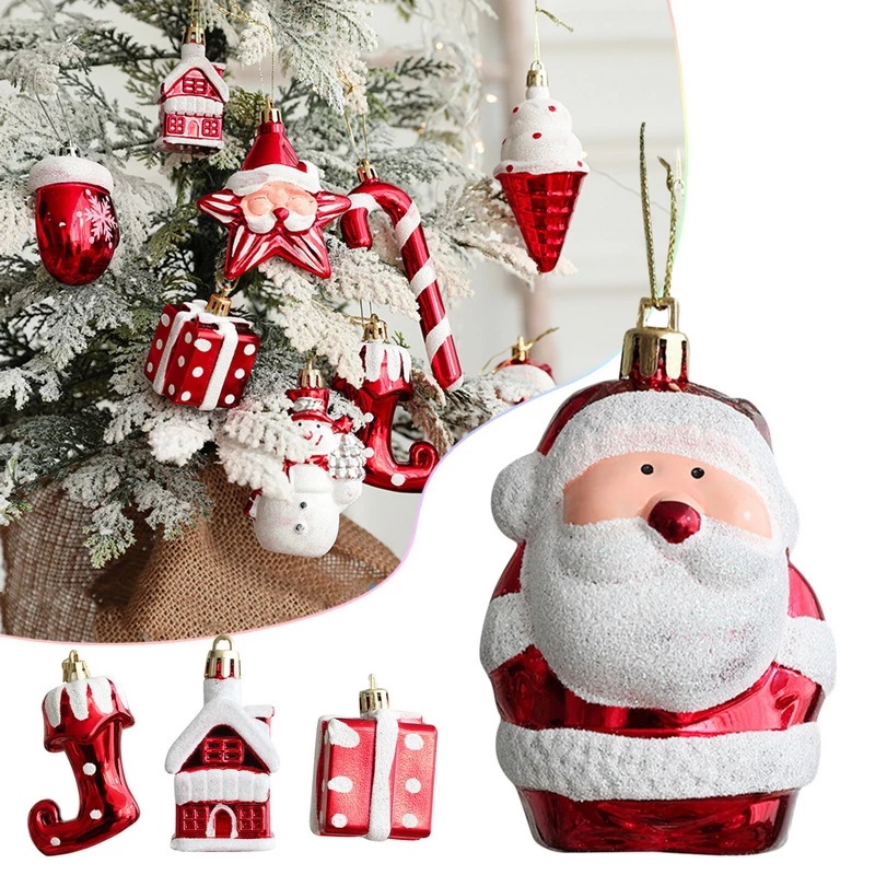 2pcs Dekorasi Pohon Xmas Anak Kekinian Aksesoris 3D Merah Kartun Santa Claus Snowman Bintang Merry Christmas Gantung Liontin