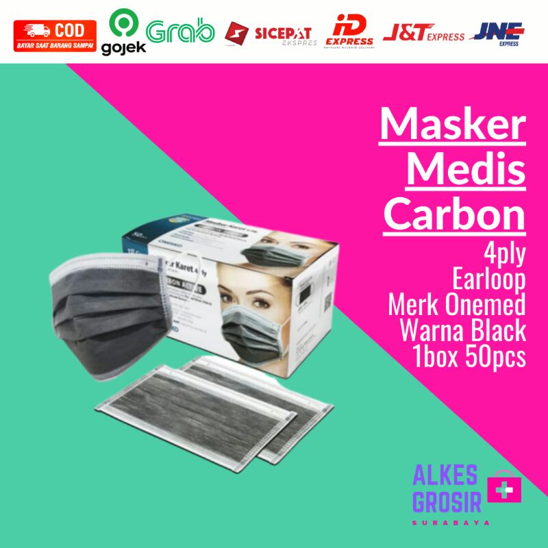 Masker Medis Karbon Carbon 4ply ONEMED Earloop Karet Tebal 1box Isi 50 Warna Hitam Disposable Face M