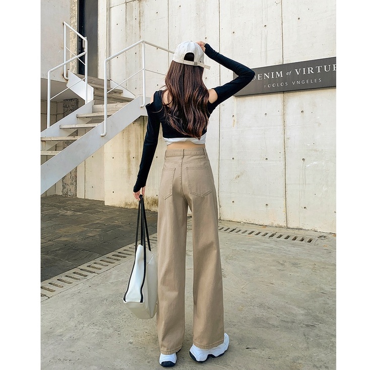 Jeans Khaki  Highwaist Wanita Loose Khaki brown