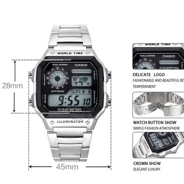 Casio AE Stainless Series Original Digital Jam Tangan Pria - Stainless - Silver