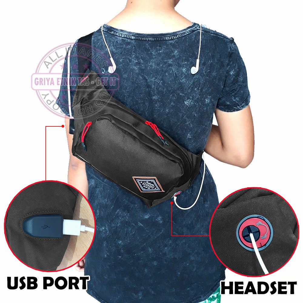 Tas dada pria Port USB Headset Gearbag - Waistbag Pria Port USB - Tas Selempang Pria Port USB